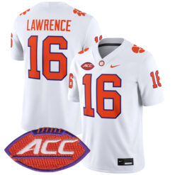 Trevor Lawrence Clemson Tigers Football White Away Stitched Jersey w/ ACC Patch