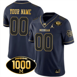 Custom Michigan Wolverines Football 1000 Wins Navy Gold Stitched Jersey