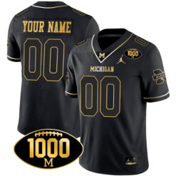 Custom Michigan Wolverines Football 1000 Wins Black Gold Stitched Jersey