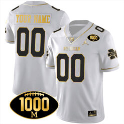 Custom Michigan Wolverines Football 1000 Wins White Gold Stitched Jersey