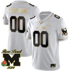 Custom Michigan Wolverines Football 2024 Rose Bowl White Gold Stitched Jersey