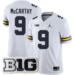 J.J. McCarthy Michigan Wolverines Football White Away Stitched Jersey w/ B1G Patch