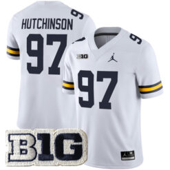 Aidan Hutchinson Michigan Wolverines Football White Away Stitched Jersey w/ B1G Patch