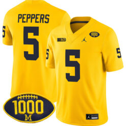 Jabrill Peppers Michigan Wolverines Football All Maize Stitched Jersey w/ 1000 Win Patch