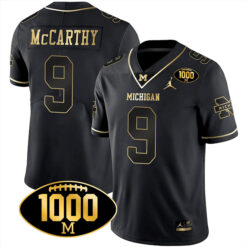 J.J. McCarthy Michigan Wolverines Football Black Gold Stitched Jersey w/ 1000 Win Patch