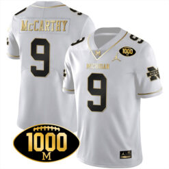 J.J. McCarthy Michigan Wolverines Football White Gold Stitched Jersey w/ 1000 Win Patch