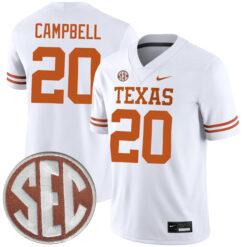 Earl Campbell Texas Longhorns Football White Away Game Stitched Jersey w/ SEC Patch