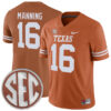 Arch Manning Texas Longhorns Football Orange Home Game Stitched Jersey w/ SEC Patch