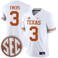 Quinn Ewers Texas Longhorns Football White Away Game Stitched Jersey w/ SEC Patch