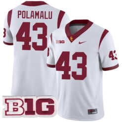 Troy Polamalu USC Trojans Football White Away Game Stitched Jersey w/ B1G Patch