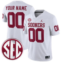 Custom Oklahoma Sooners Football White Away Game Stitched Jersey w/ SEC Patch