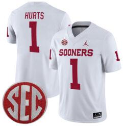 Jalen Hurts Oklahoma Sooners Football White Away Stitched Jersey w/ SEC Patch