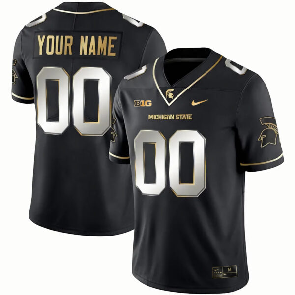 Custom Michigan State Spartans Football Black Gold Stitched Jersey w/ B1G Patch