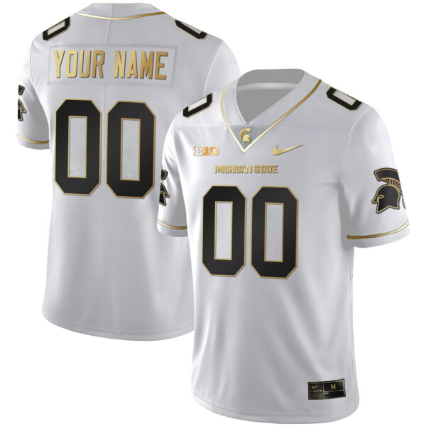 Custom Michigan State Spartans Football White Gold Stitched Jersey w/ B1G Patch