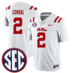 Matt Corral Ole Miss Rebels Football White Away Stitched Jersey w/ SEC Patch