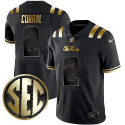 Matt Corral Ole Miss Rebels Football Black Gold Stitched Jersey w/ SEC Patch