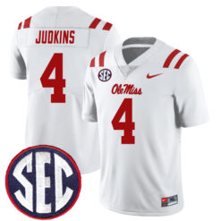 Quinshon Judkins Ole Miss Rebels Football White Away Stitched Jersey w/ SEC Patch