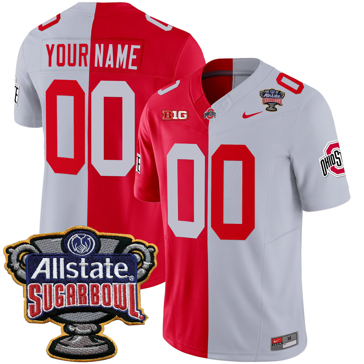 Custom Ohio State Buckeyes Football Scarlet Grey Split Stitched Jersey w/ Allstate Sugar Bowl Patch