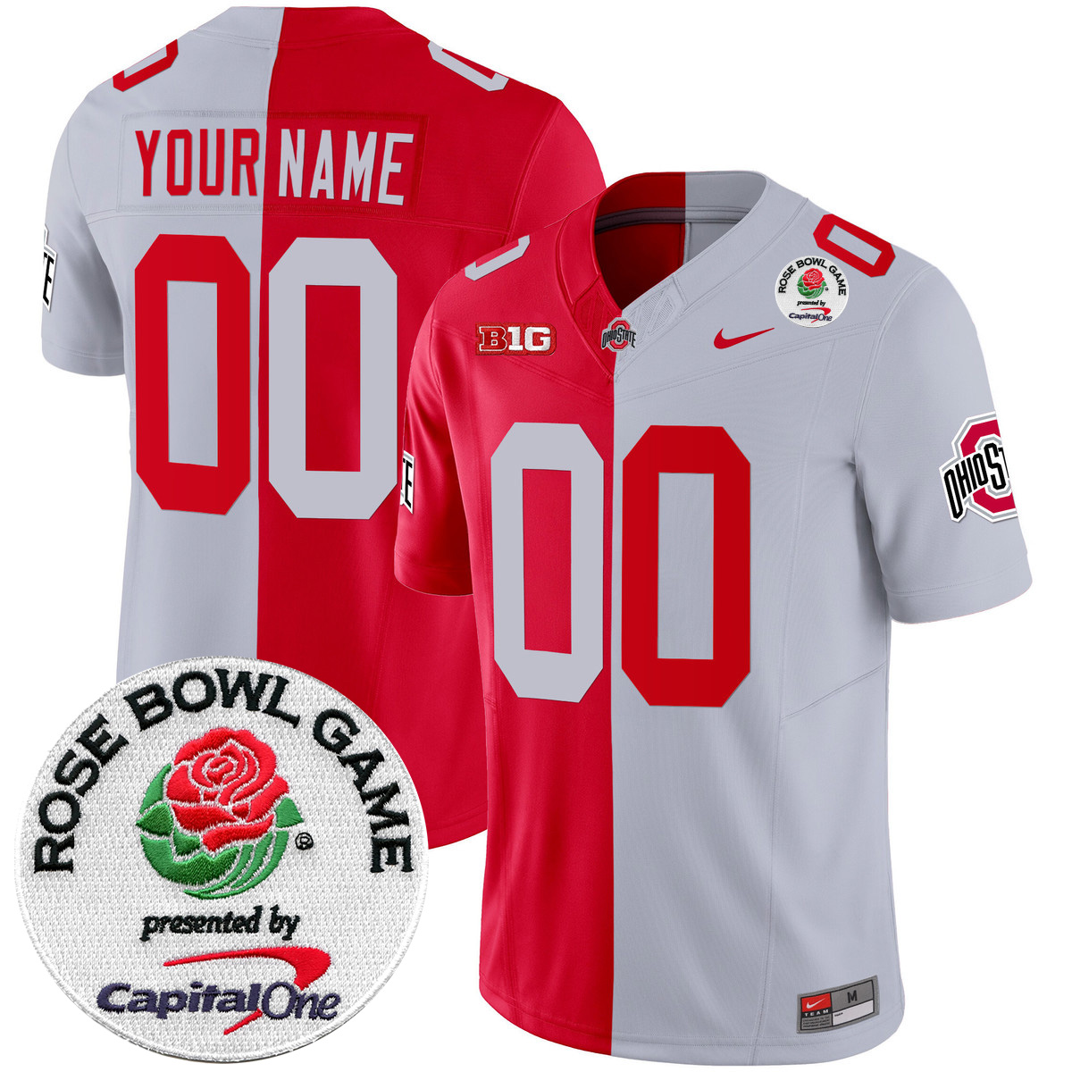 Custom Ohio State Buckeyes Football Scarlet Grey Split Stitched Jersey w/ Rose Bowl Patch