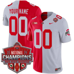 Custom Ohio State Buckeyes Football Scarlet Grey Split 2024 CFP Champions Stitched Jersey