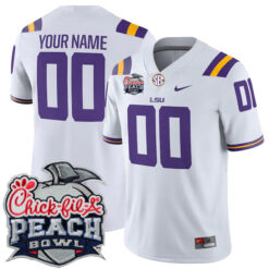 Custom LSU Tigers Football Peach Bowl White Game Stitched Jersey