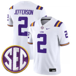 Justin Jefferson LSU Tigers Football White Away Stitched Jersey w/ SEC Patch