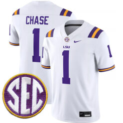 Ja'marr Chase LSU Tigers Football White Away Stitched Jersey w/ SEC Patch