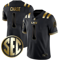 Ja'marr Chase LSU Tigers Football Black Gold Stitched Jersey w/ SEC Patch