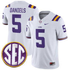 Jayden Daniels LSU Tigers Football White Away Stitched Jersey w/ SEC Patch