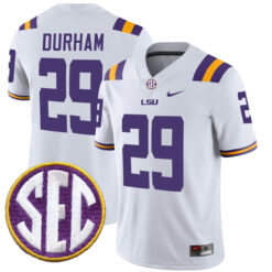 Caden Durham LSU Tigers Football White Away Stitched Jersey w/ SEC Patch