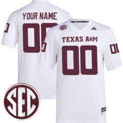 Custom Texas A&M Aggies Football White Premier Stitched Jersey w/ SEC Patch