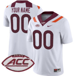 Custom Virginia Tech Hokies Football White Away Game Stitched Jersey w/ ACC Patch