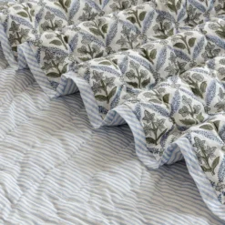 Steel Blue Meadow Hand Block Print Reversible Cotton Quilt