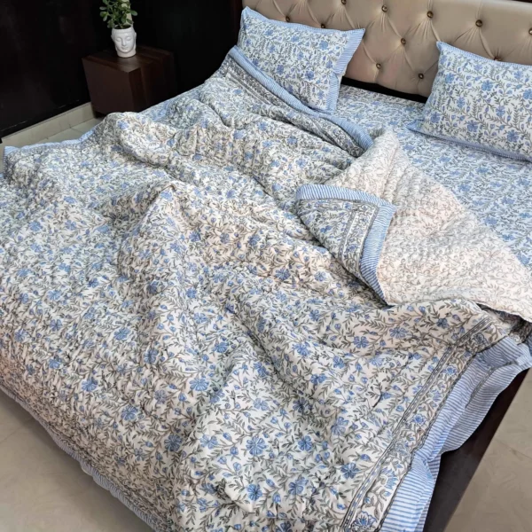 Blue White Floral Block Print Quilt