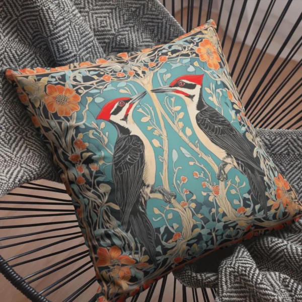 Pileated Woodpeckers Floral Throw Pillow